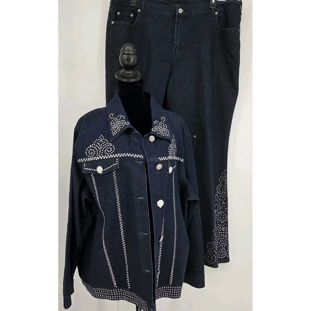 Midnight Velvet 2 Piece Rhinestone Denim Set 2X Jacket And Wide Leg Jeans 20W